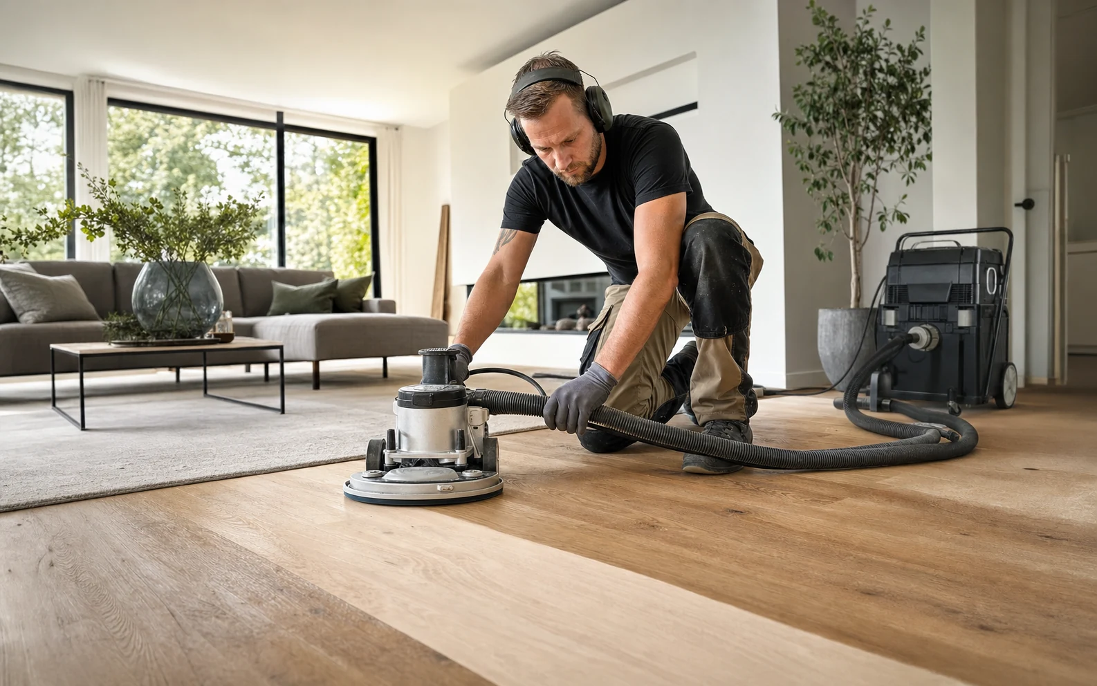 Vakman schuurt een houten vloer met stofafzuiging