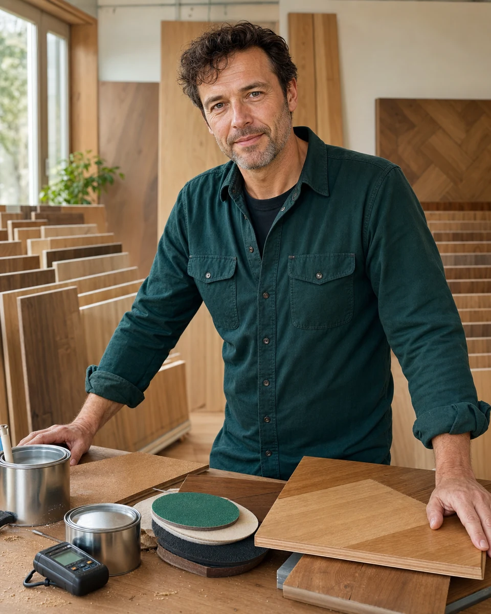 Vloeradviseur Bram bij houten vloerstalen