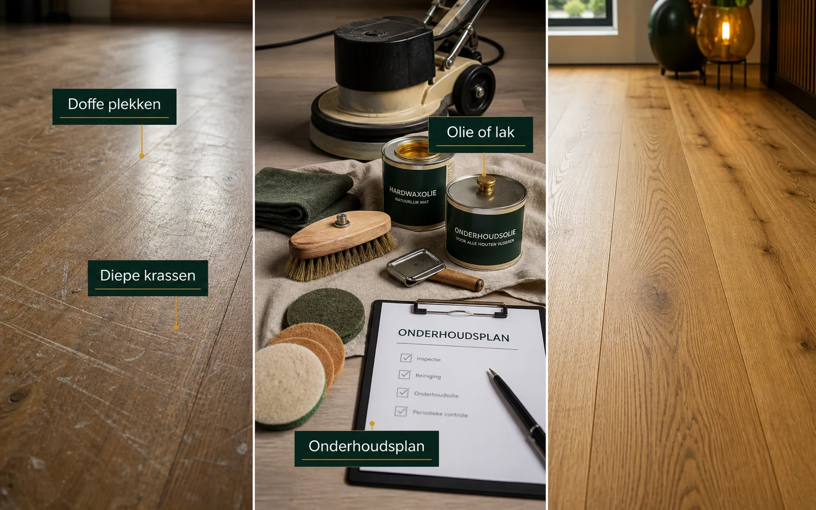 Vloercheck vergelijking met doffe plekken, krassen, olie of lak en onderhoudsplan
